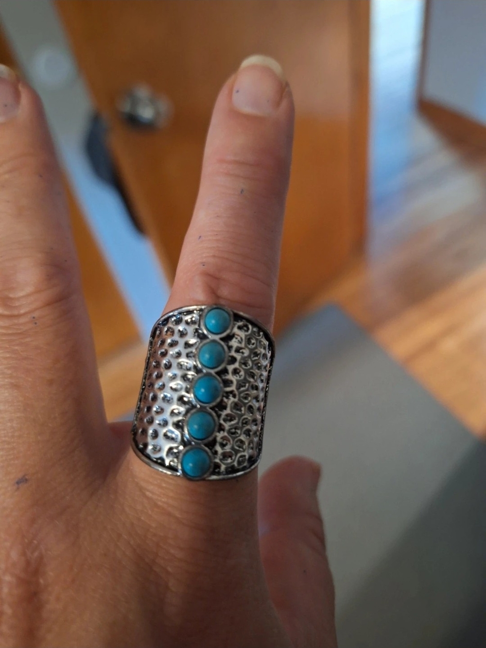 Silver-Tone Wide Band Ring with Turquoise Stones
